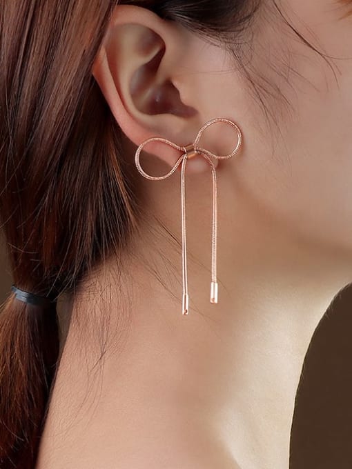 f224 Rose Gold Bow Earrings Titanium 316L Stainless Steel Bowknot Minimalist Threader Earring with e-coated waterproof