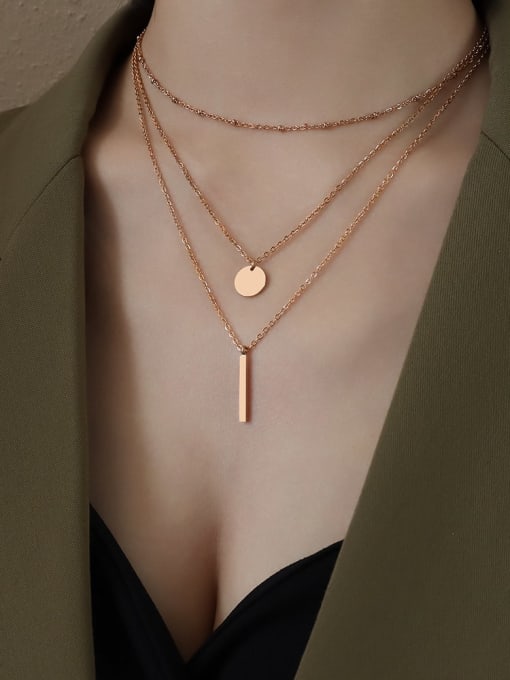 Rose Gold geometric three layer Necklace Titanium 316L Stainless Steel Geometric Vintage Multi Strand Necklace with e-coated waterproof