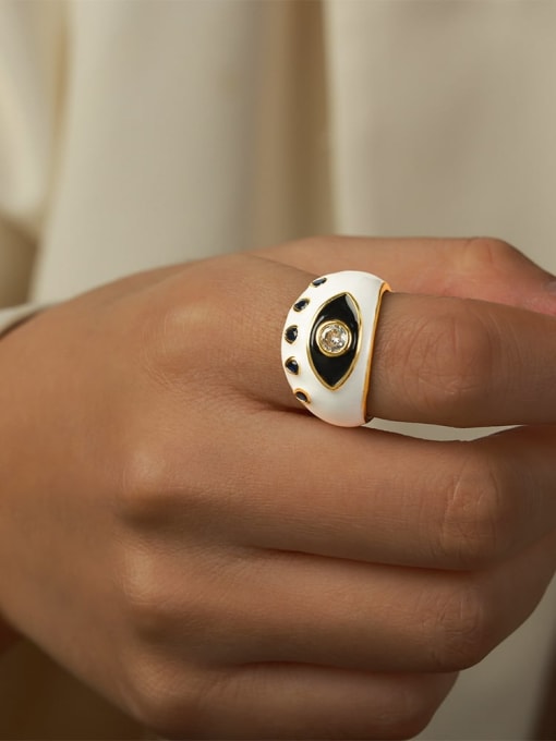 A731 White Glazed Ring Brass Enamel Cubic Zirconia Geometric Trend Band Ring