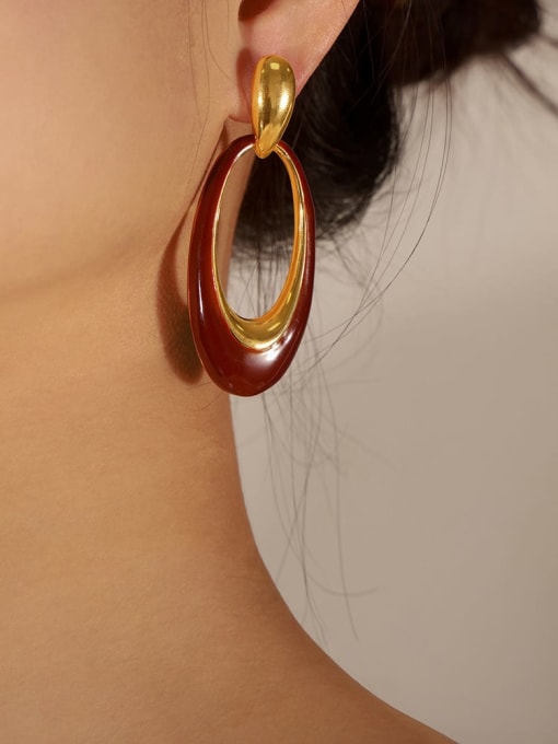 F412 Golden Wine Red Glazed Earrings Brass Enamel Geometric Trend Drop Earring