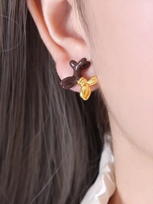 F914 Brown Drop Oil Gold Earrings Titanium Steel Enamel Geometric Minimalist Stud Earring