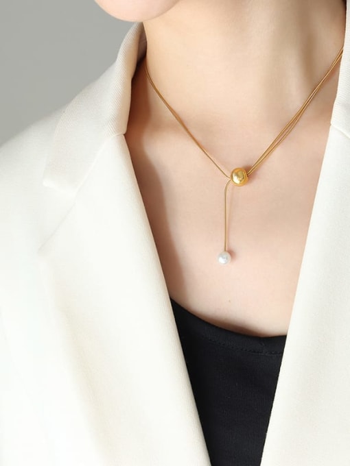 P633 gold necklace 40 +5cm Titanium Steel Imitation Pearl Geometric Trend Lariat Necklace