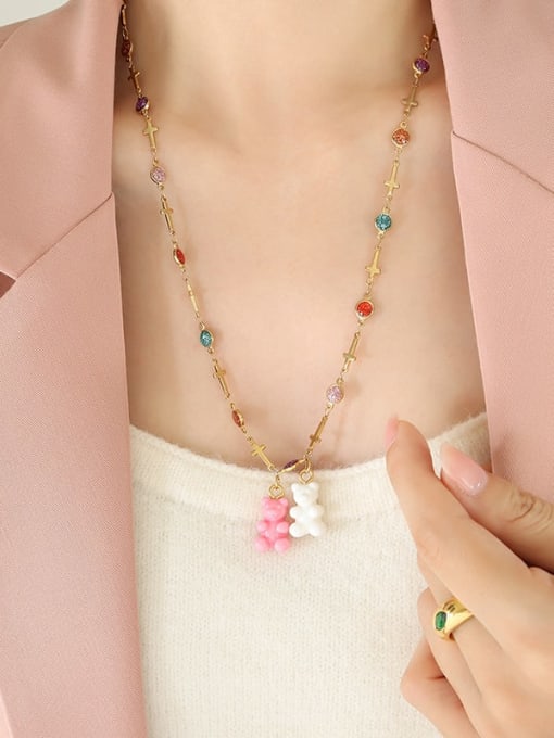 P1285 Pink and white bear cross Titanium Steel Resin Multi Color Enamel Bear Cute Necklace