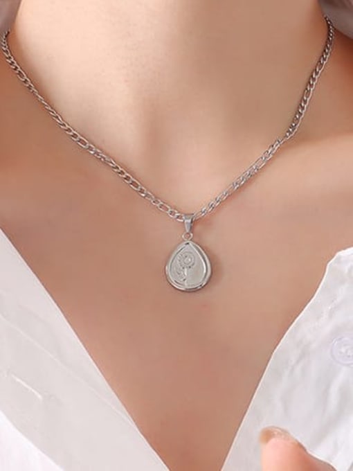 P277 steel color water drop 40 +5cm Titanium Steel Heart Vintage Flower Pendant Necklace
