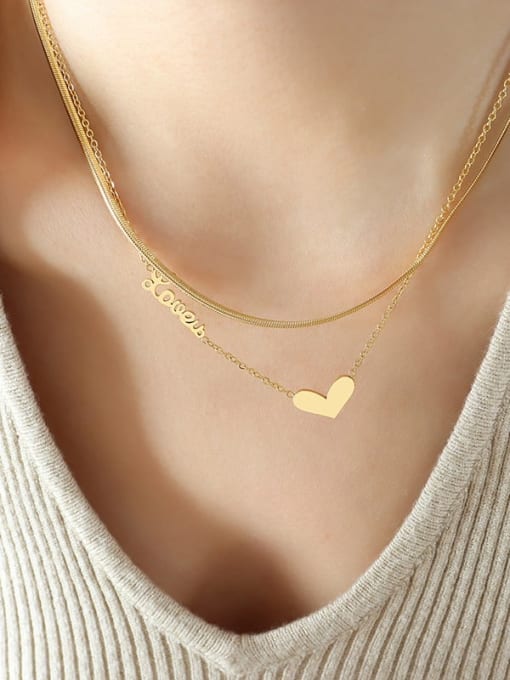 P786 Gold Double Layer Necklace Titanium Steel Heart Minimalist Multi Strand Necklace