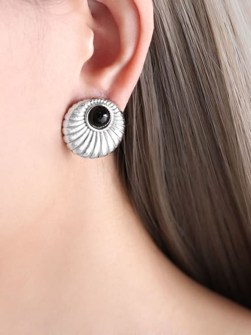 Black imitation pearl steel earrings Titanium Steel Moonstone Round Trend Stud Earring