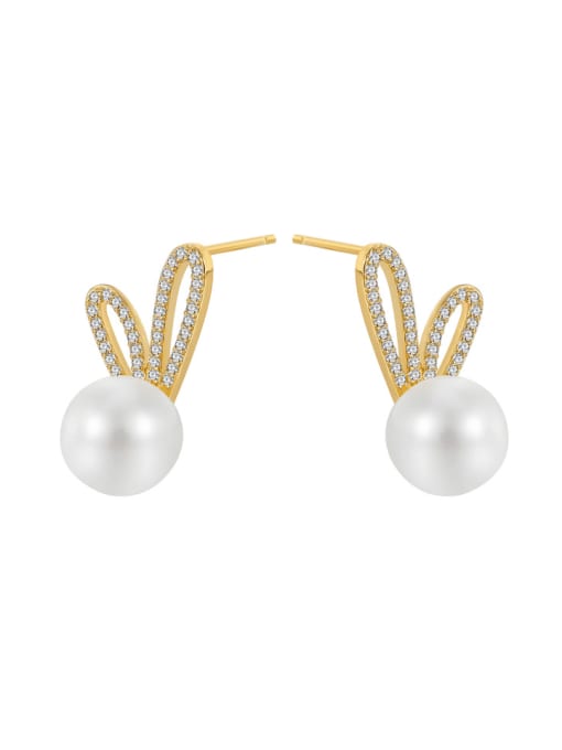 Clioro Brass Imitation Pearl Rabbit Cute Stud Earring 0