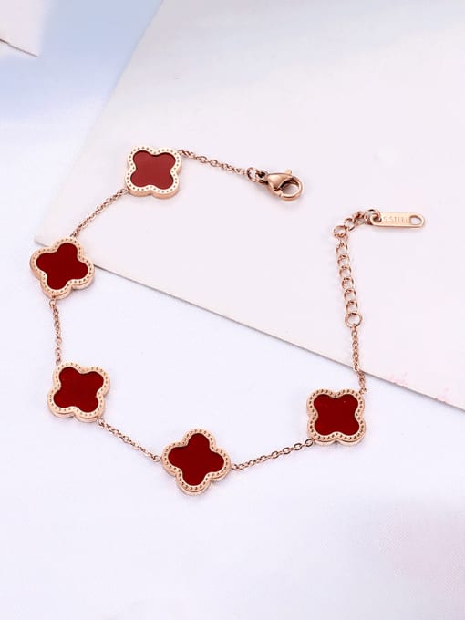 T46 Red Scallop+ Rose Titanium Steel Enamel Clover Minimalist Link Bracelet
