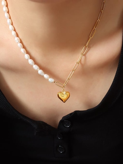 Gold necklace Titanium Steel Freshwater Pearl Heart Trend Cuban Necklace