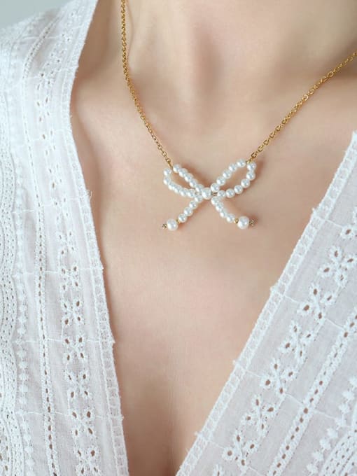 P815 Gold necklace 40 +5cm Titanium Steel Imitation Pearl Bowknot Dainty Necklace