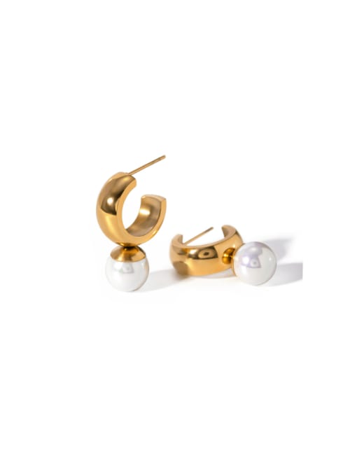 J&D Titanium Steel Imitation Pearl C Shape Minimalist Drop Earring 0