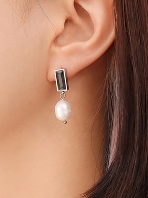 F372 Steel Black Zircon Earrings pair Titanium Steel Imitation Pearl Geometric Trend Drop Earring