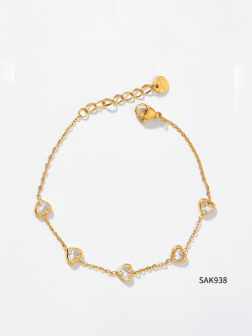 SAK938 Golden White Stainless steel Cubic Zirconia Heart Minimalist Link Bracelet