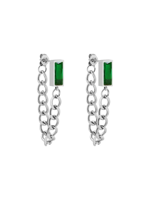 steel +green Zircon Earrings Titanium 316L Stainless Steel Cubic Zirconia Geometric Chain Ethnic Drop Earring with e-coated waterproof