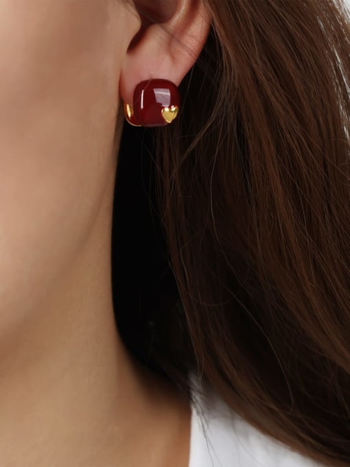 F1113 Square Red Glazed Earrings Titanium Steel Enamel Geometric Minimalist Huggie Earring