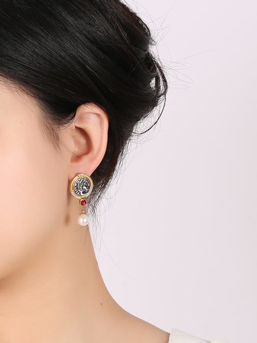 Clioro Brass Imitation Pearl Geometric Vintage Stud Earring 1