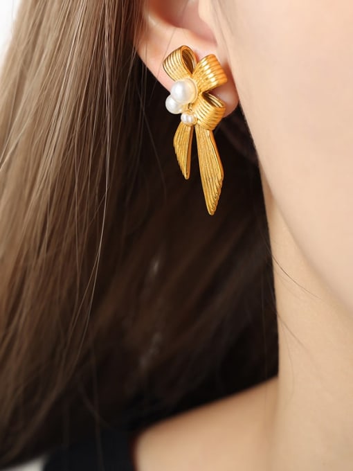 F024 Gold Earrings Titanium Steel Imitation Pearl Bowknot Trend Stud Earring