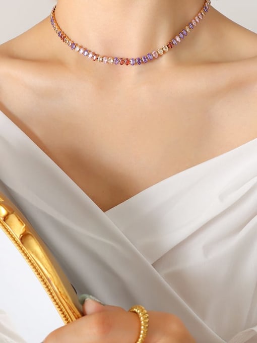 P1163 color zircon necklace 37cm Titanium Steel Cubic Zirconia Vintage Geometric Bracelet and Necklace Set