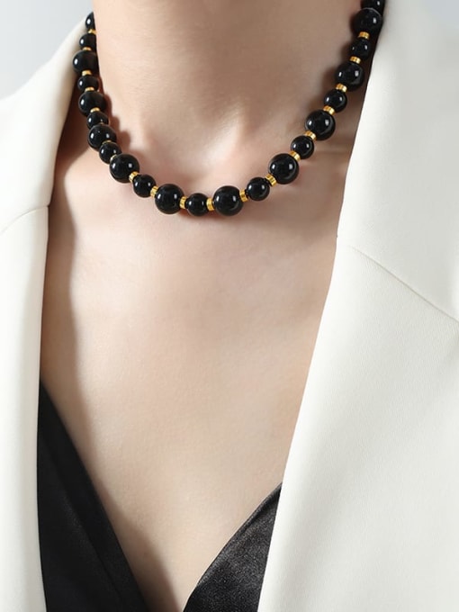 P1736 Black Agate Necklace 38cm Titanium Steel Natural Stone Geometric Trend Beaded Necklace