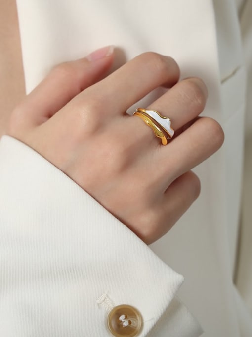 A636 White Glazed Gold Ring Titanium Steel Enamel Geometric Trend Band Ring