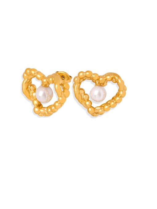 MAKA Brass Imitation Pearl Asymmetrical  Heart Vintage Stud Earring 0