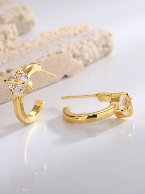 H00523 Gold Brass Cubic Zirconia Heart Trend Stud Earring