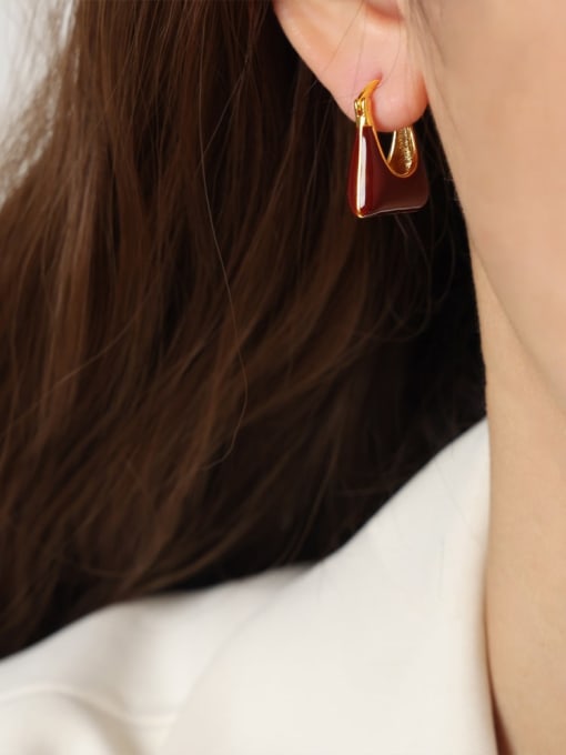 F1113 Red Glazed Bag Earrings Titanium Steel Enamel Geometric Minimalist Huggie Earring