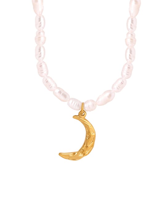 MAKA Brass Freshwater Pearl Moon Vintage Necklace 0