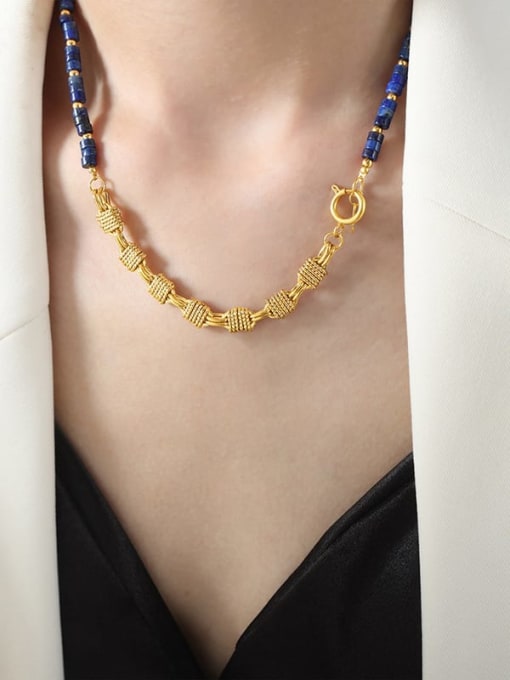 Dark Blue Natural Stone Necklace 43cm Bohemia Geometric Brass Natural Stone Bracelet and Necklace Set