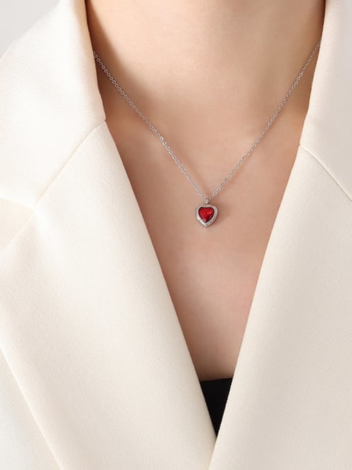 P425 red zircon Steel Necklace 40+ 5cm Titanium Steel Glass Stone Vintage Heart Earring and Necklace Set