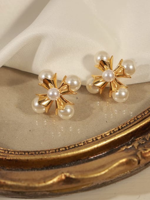 MAKA Brass Imitation Pearl Flower Trend Stud Earring 2