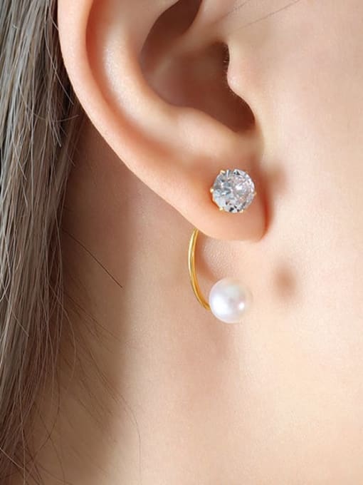 F677 Gold Earrings Titanium Steel Imitation Pearl Geometric Minimalist Stud Earring