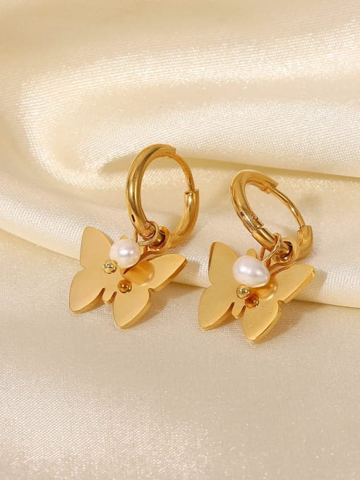 J&D Stainless steel Imitation Pearl Butterfly Artisan Huggie Earring 3
