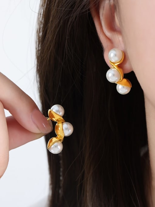 F999 gold Titanium Steel Imitation Pearl Geometric Minimalist Stud Earring