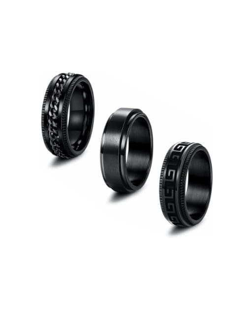 Black three piece set Titanium Steel Geometric Hip Hop Stackable Men's Rings Set