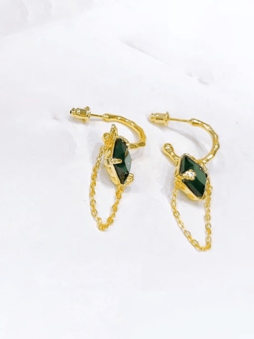 H00561 gold Brass Glass Stone Geometric Vintage Threader Earring