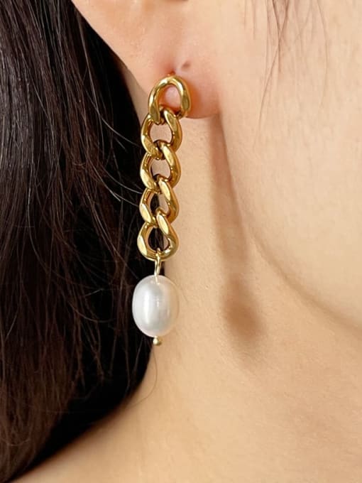 J&D Stainless steel Imitation Pearl Geometric Vintage Asymmetrical  Chain Drop Earring 1