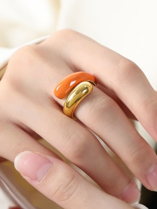 A586 Orange Glazed Gold Ring Titanium Steel Enamel Geometric Trend Band Ring