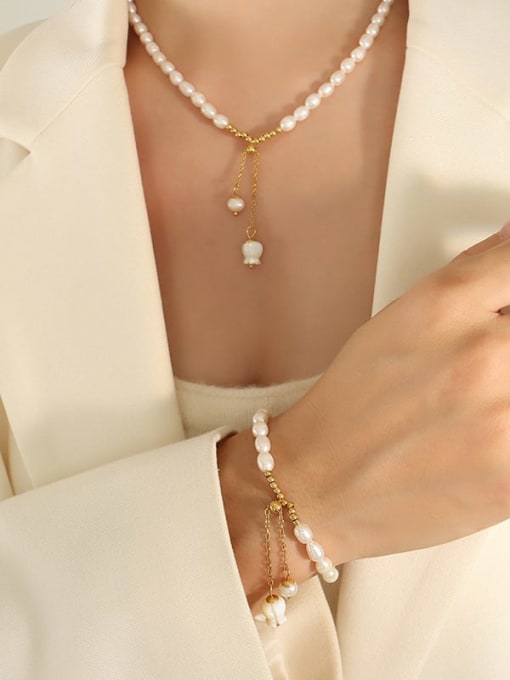 MAKA Titanium Steel Freshwater Pearl Minimalist Flower   Bracelet and Necklace Set 1