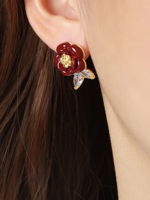 F208 Wine Red Rose Earrings Brass Enamel Flower Minimalist Stud Earring