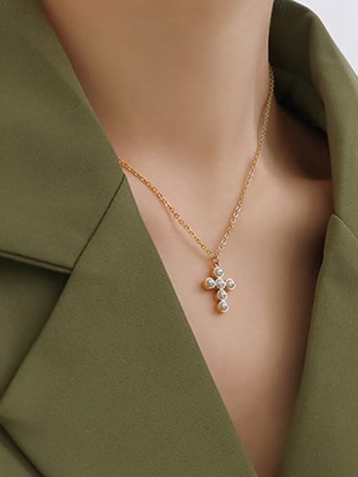 P313 gold necklace 40 +5cm Titanium Steel Imitation Pearl Cross Vintage Necklace