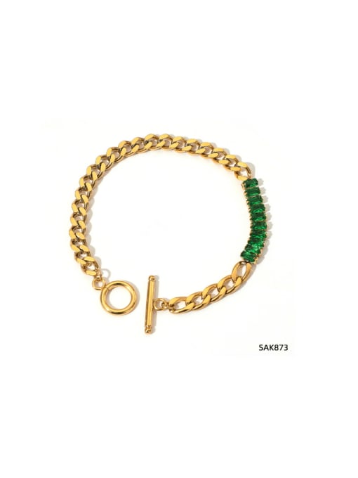 SAK873 Gold Bracelet Green Stainless steel Cubic Zirconia Minimalist Geometric Bracelet and Necklace Set