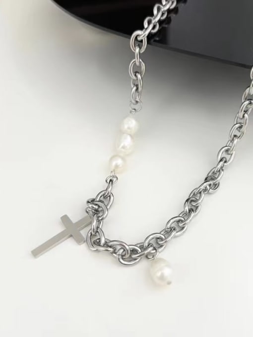 CDG320 steel color Stainless steel Freshwater Pearl Cross Trend Link Necklace