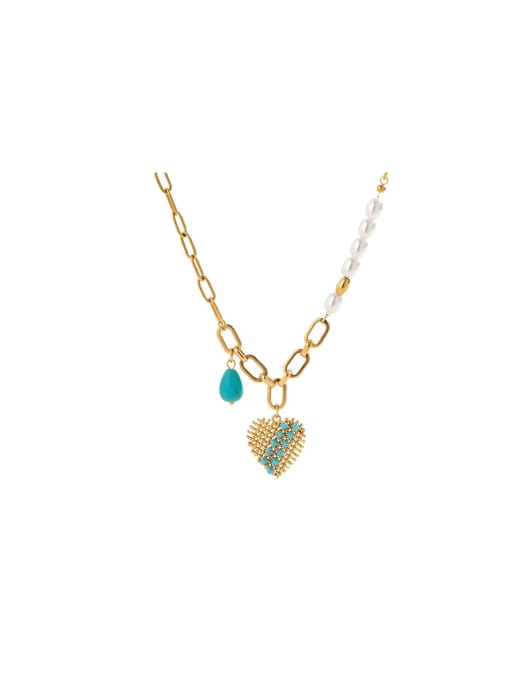 J&D Stainless steel Natural Stone Green Heart Vintage Necklace 0