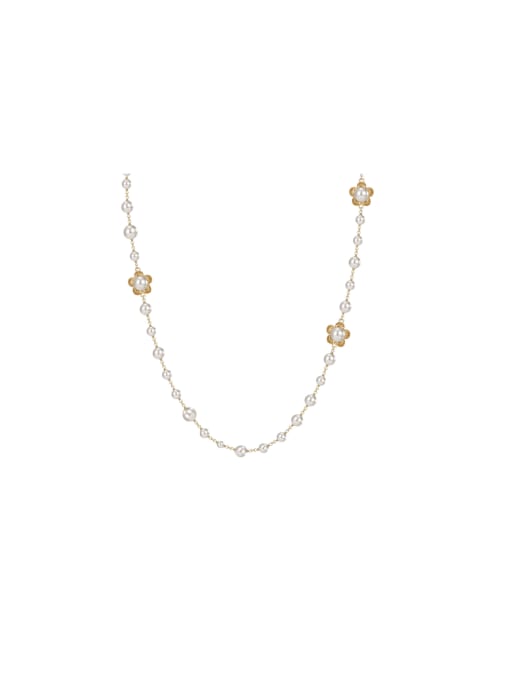 Clioro Brass Imitation Pearl Flower Trend Long Strand Necklace 0