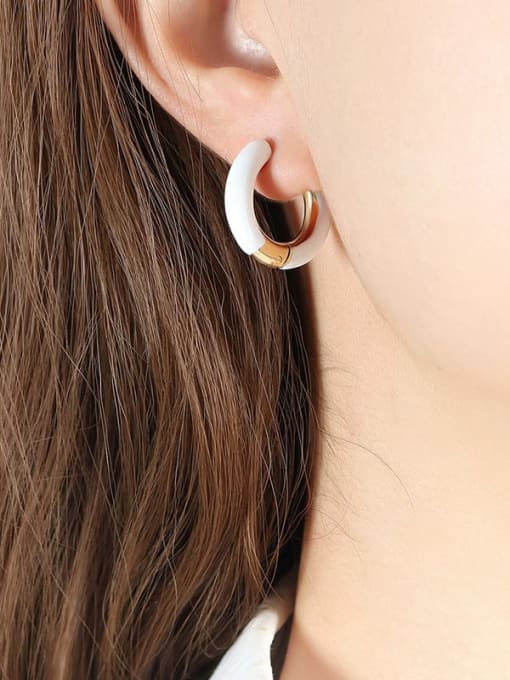 F746 White Oil Dropping Earrings Titanium Steel Enamel Geometric Trend Hoop Earring