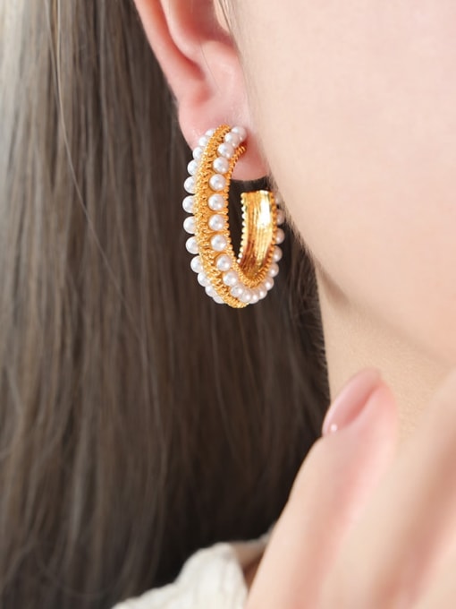 F920 Gold Earrings Titanium Steel Imitation Pearl Round Trend Hoop Earring