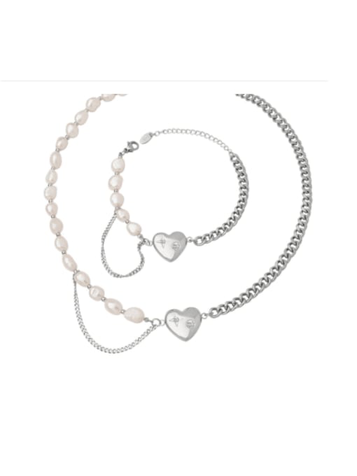 MAKA Titanium Steel Freshwater Pearl Vintage Heart Bracelet and Necklace Set 0