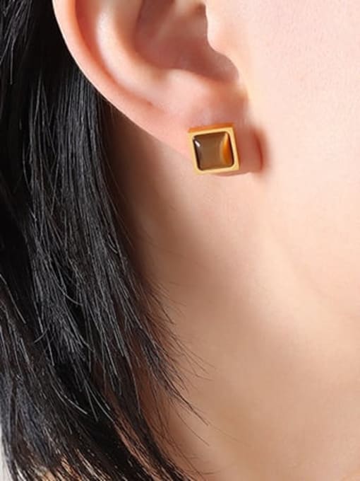 F097 coffee Gold Earrings Titanium Steel Tiger Eye Geometric Minimalist Stud Earring