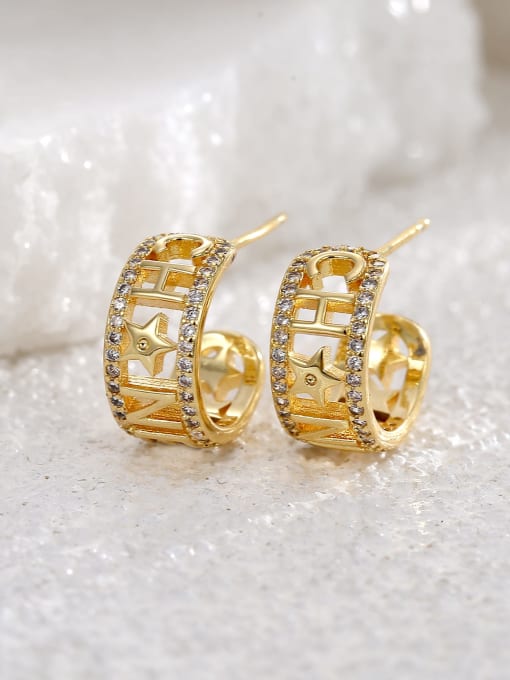 H01205 gold Brass Cubic Zirconia Geometric Letter Minimalist Stud Earring